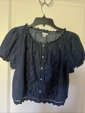 Free Assembly Navy Embroidered Button-Front Peasant Blouse M 8-10